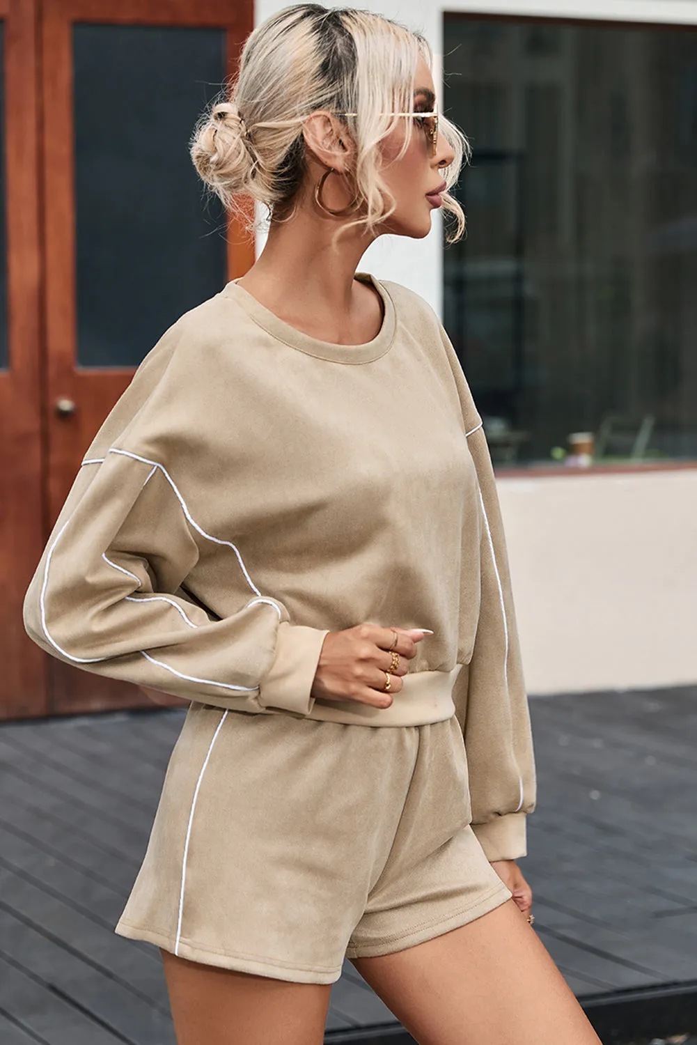Khaki Piping Trim Long Sleeve Terry Shorts Set sold by Beagle Boutique product image thumbnail 3