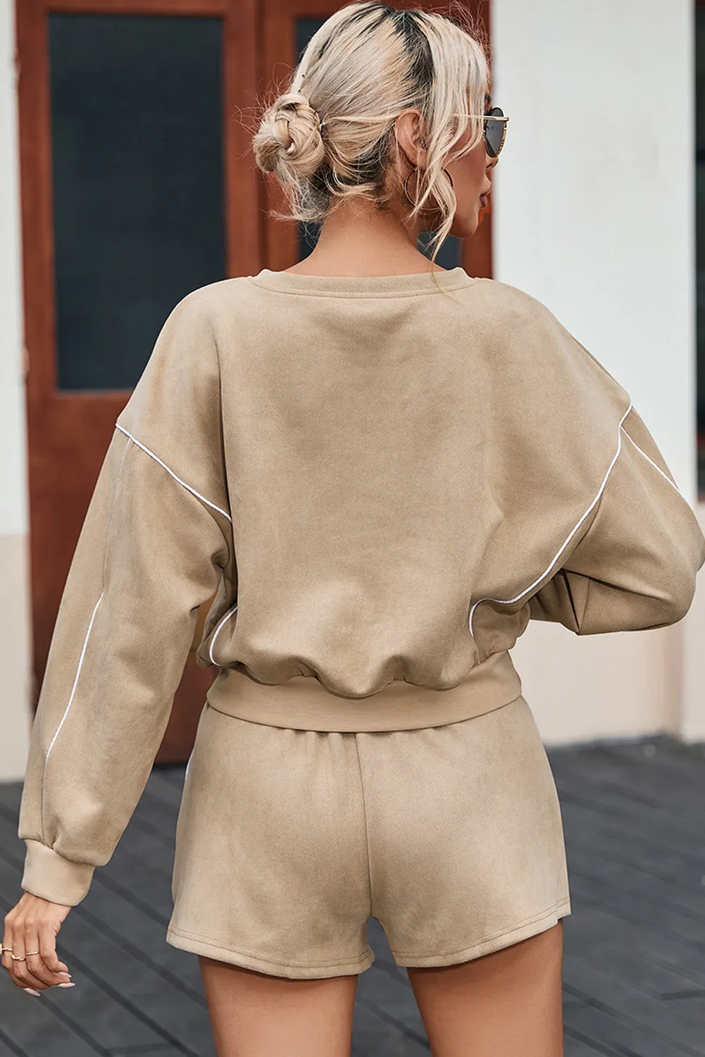 Khaki Piping Trim Long Sleeve Terry Shorts Set sold by Beagle Boutique product image thumbnail 2