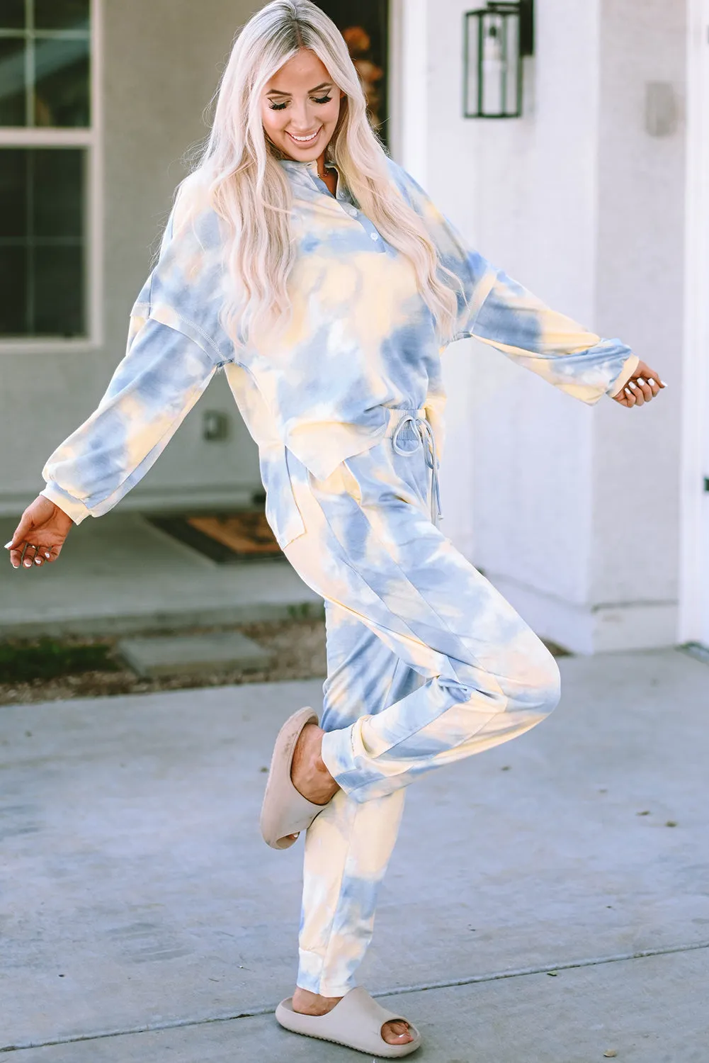 Multicolor Tie Dye Henley Top and Drawstring Pants Outfit sold by Beagle Boutique product image thumbnail 3