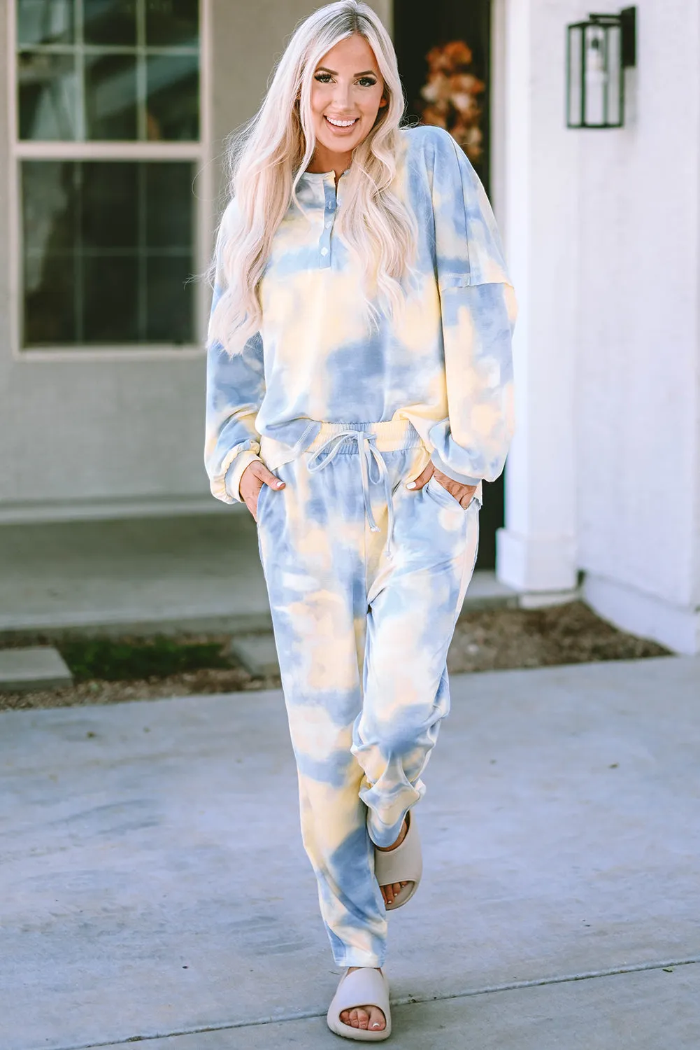 Multicolor Tie Dye Henley Top and Drawstring Pants Outfit sold by Beagle Boutique