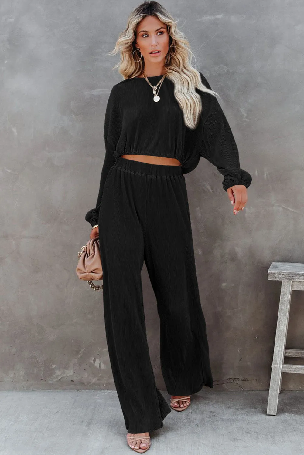 Black Corded Cropped Pullover and Wide Leg Pants Set sold by Beagle Boutique product image thumbnail 3