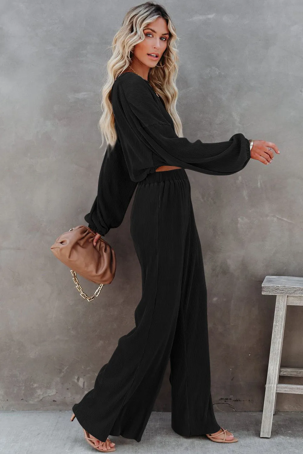 Black Corded Cropped Pullover and Wide Leg Pants Set sold by Beagle Boutique product image thumbnail 2