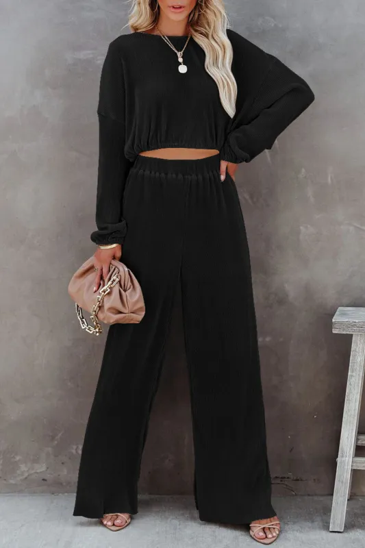 Black Corded Cropped Pullover and Wide Leg Pants Set sold by Beagle Boutique