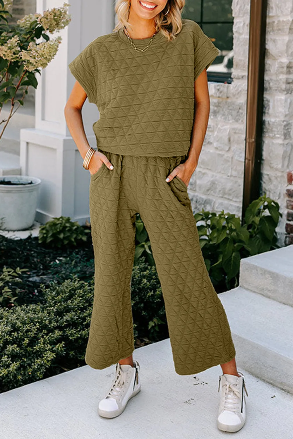 Sage Green Quilted Short Sleeve Wide Leg Pants Set sold by Beagle Boutique