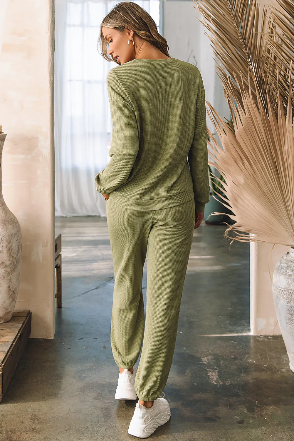 Laurel Green Waffle Knit Long Sleeve Top Drawstring Joggers Set sold by Beagle Boutique product image thumbnail 3