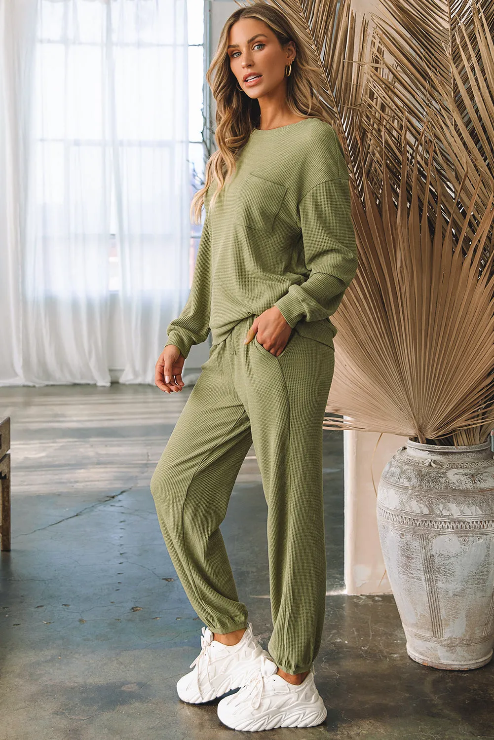 Laurel Green Waffle Knit Long Sleeve Top Drawstring Joggers Set sold by Beagle Boutique product image thumbnail 2