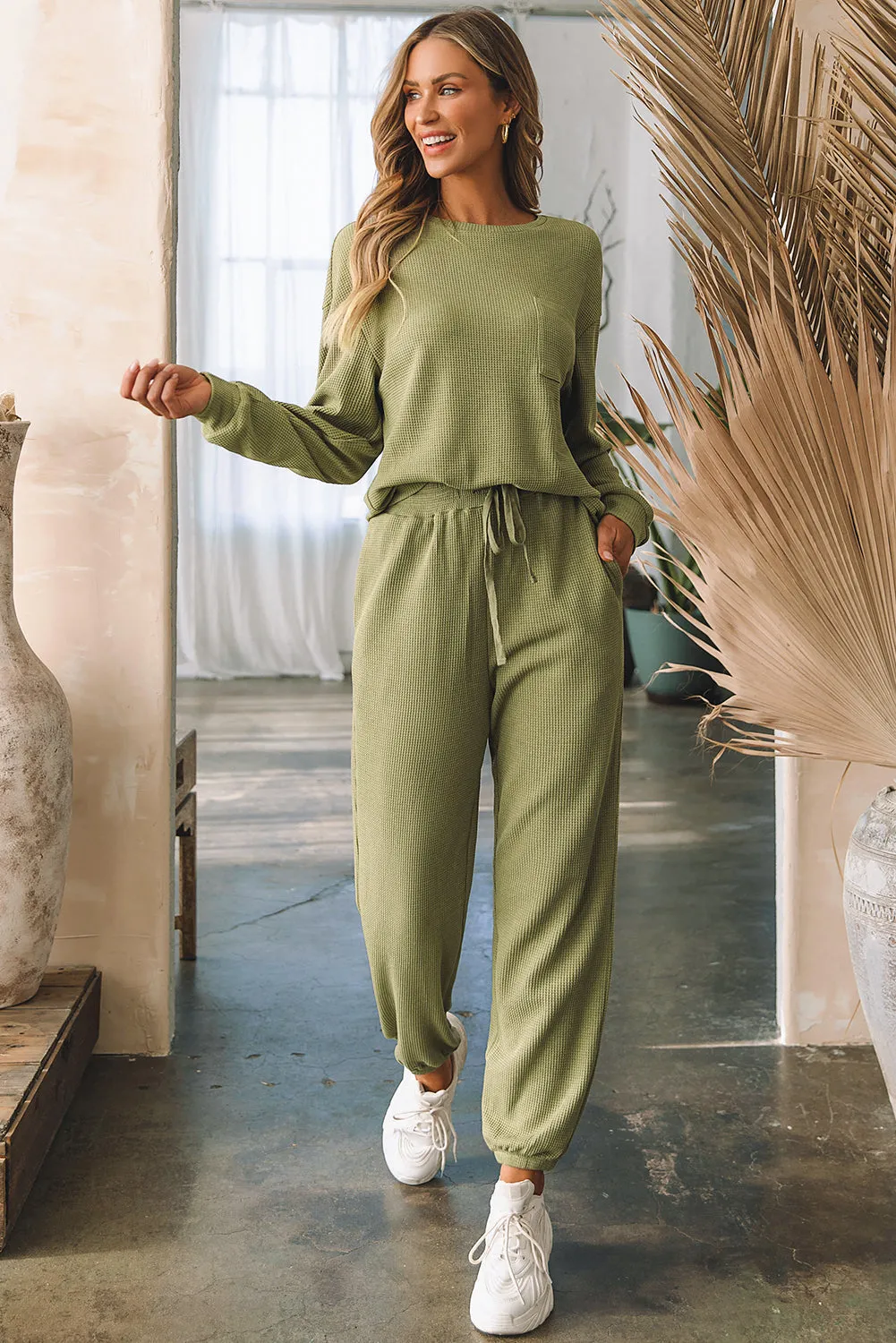 Laurel Green Waffle Knit Long Sleeve Top Drawstring Joggers Set sold by Beagle Boutique