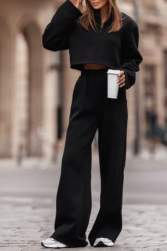 Black Zipped Collared Crop Top and Wide Leg Pants Set sold by Beagle Boutique