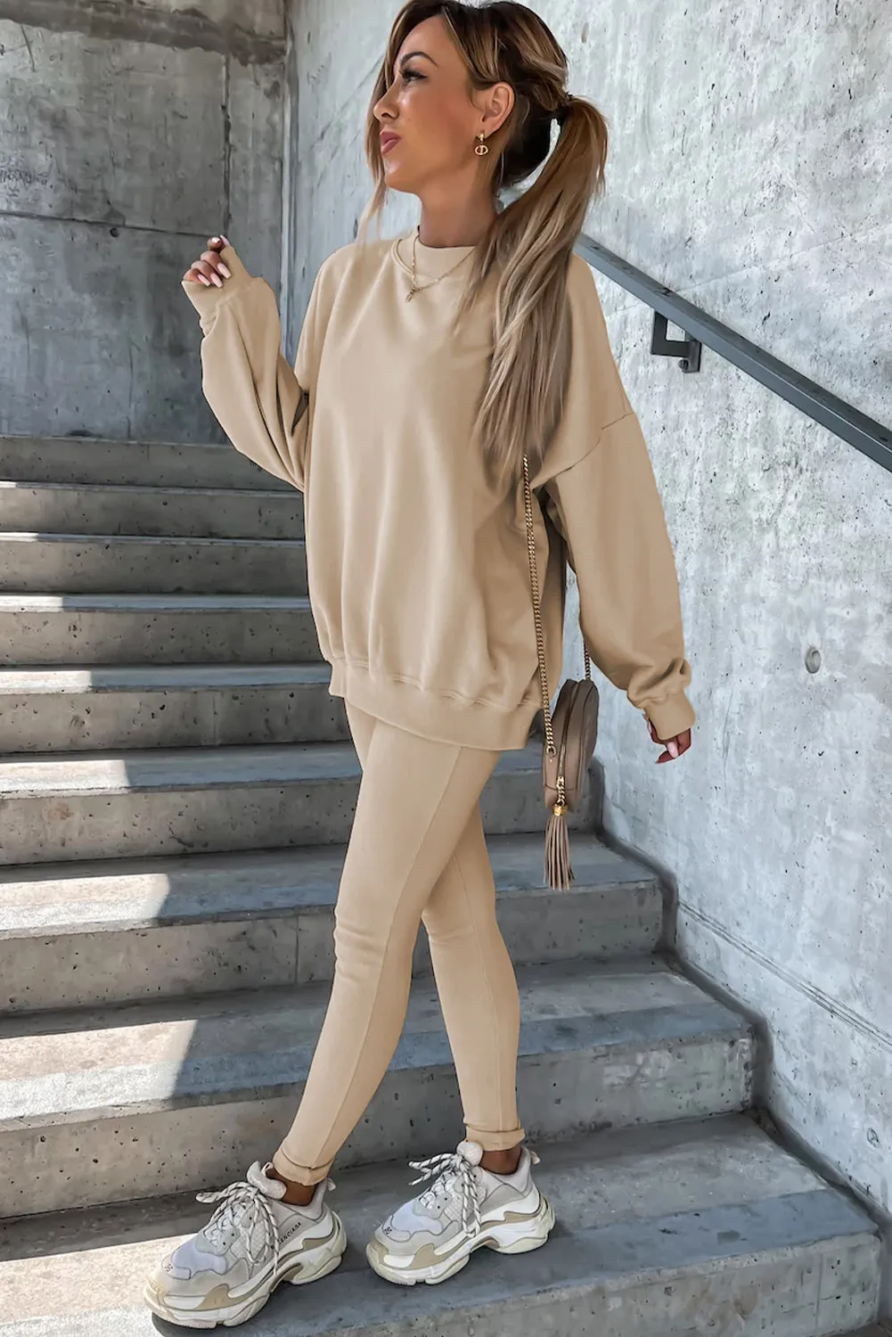 Beige Solid Sweatshirt and Leggings Two Piece Set sold by Beagle Boutique product image thumbnail 3
