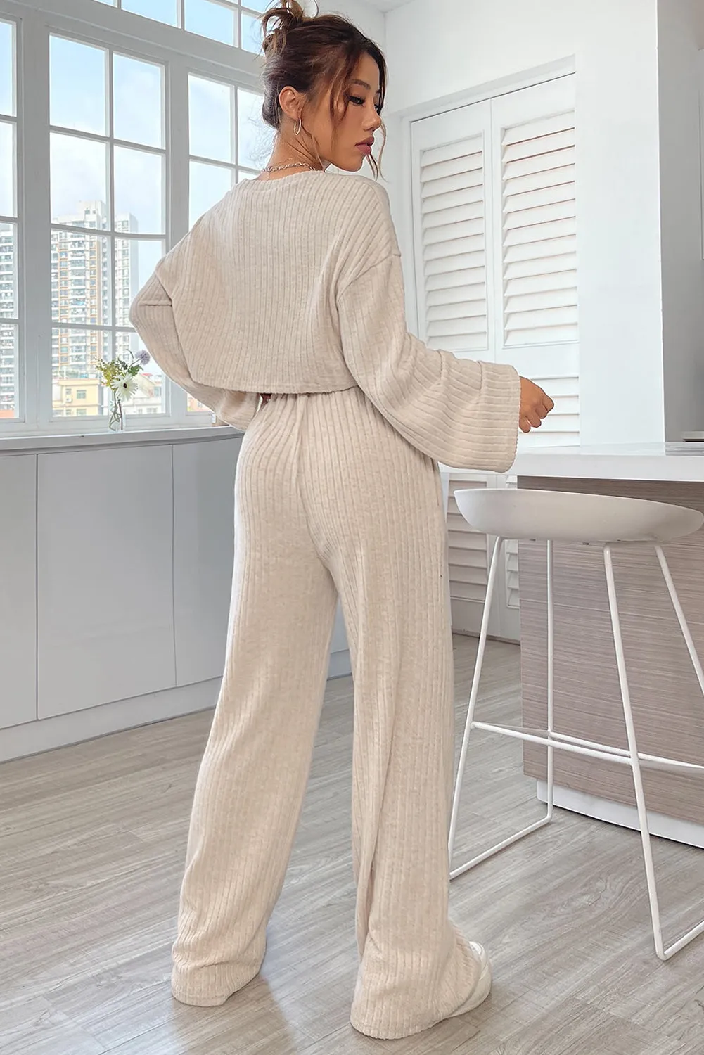 Khaki Ribbed Knit Bell Sleeve Crop Top Drawstring Pants Set sold by Beagle Boutique product image thumbnail 2