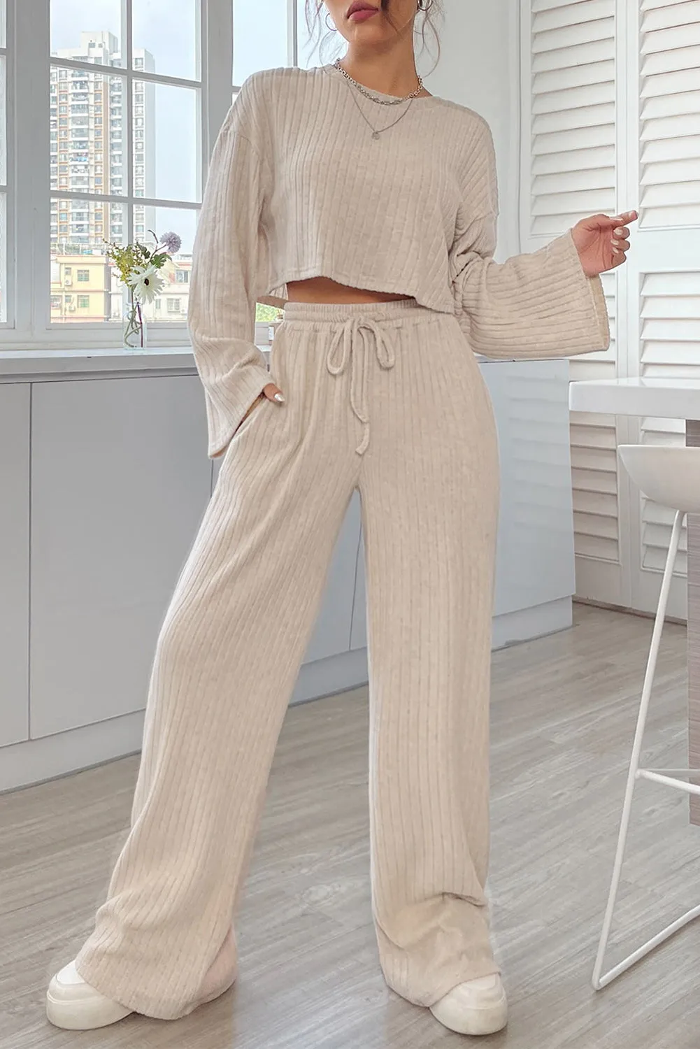 Khaki Ribbed Knit Bell Sleeve Crop Top Drawstring Pants Set sold by Beagle Boutique