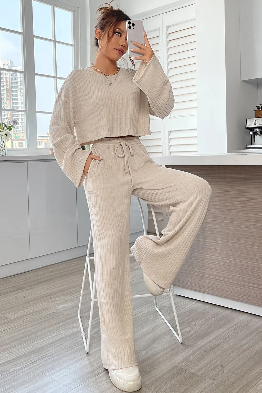 Khaki Ribbed Knit Bell Sleeve Crop Top Drawstring Pants Set sold by Beagle Boutique product image thumbnail 3