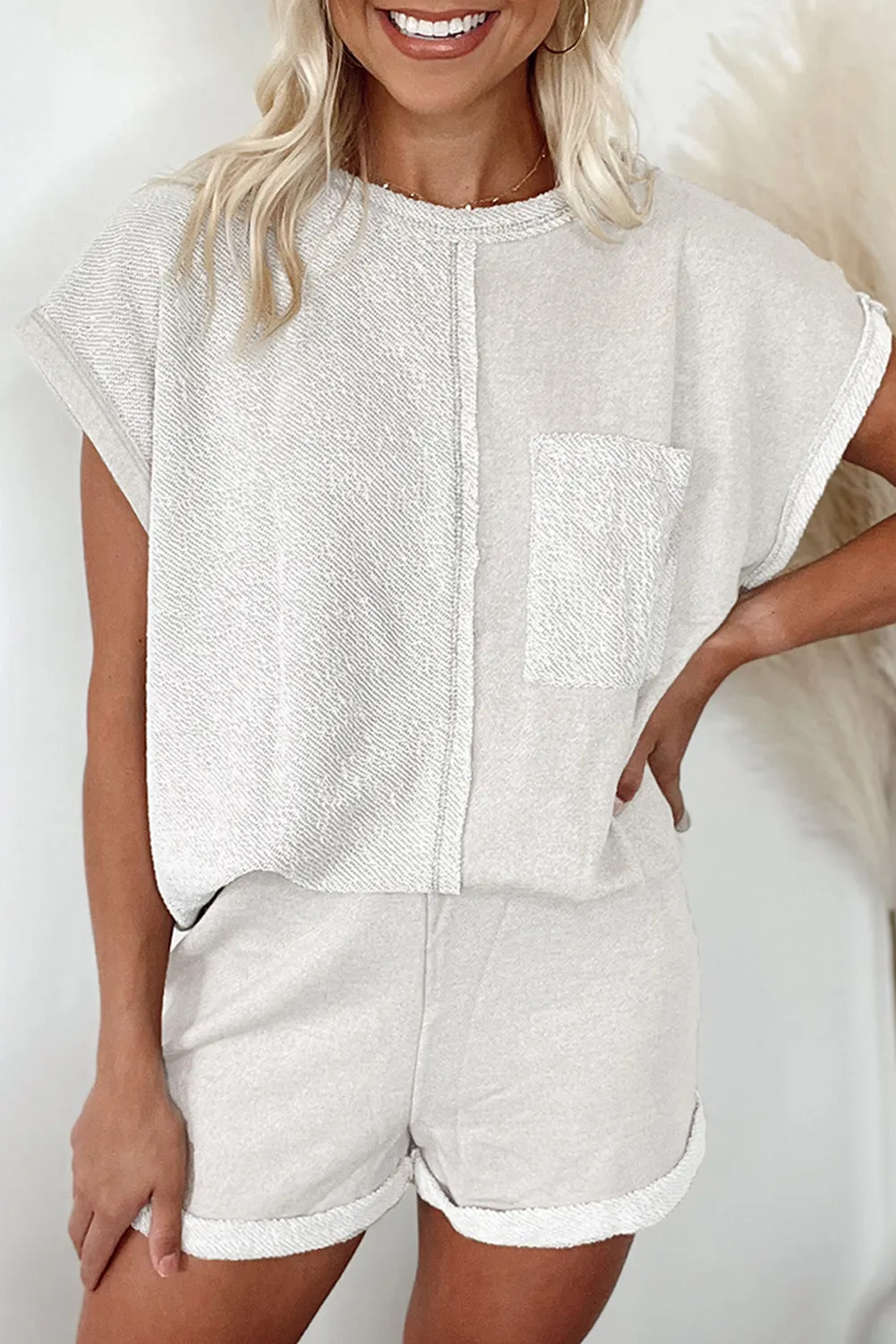 Khaki Colorblock Chest Pocket Exposed Seam Tee and Shorts Set sold by Beagle Boutique