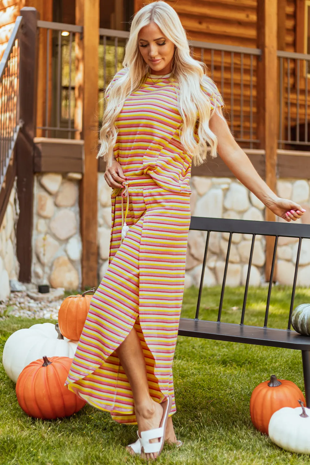 Yellow Stripe Rainbow Tee Tasseled String Wide Leg Trousers Set sold by Beagle Boutique product image thumbnail 3