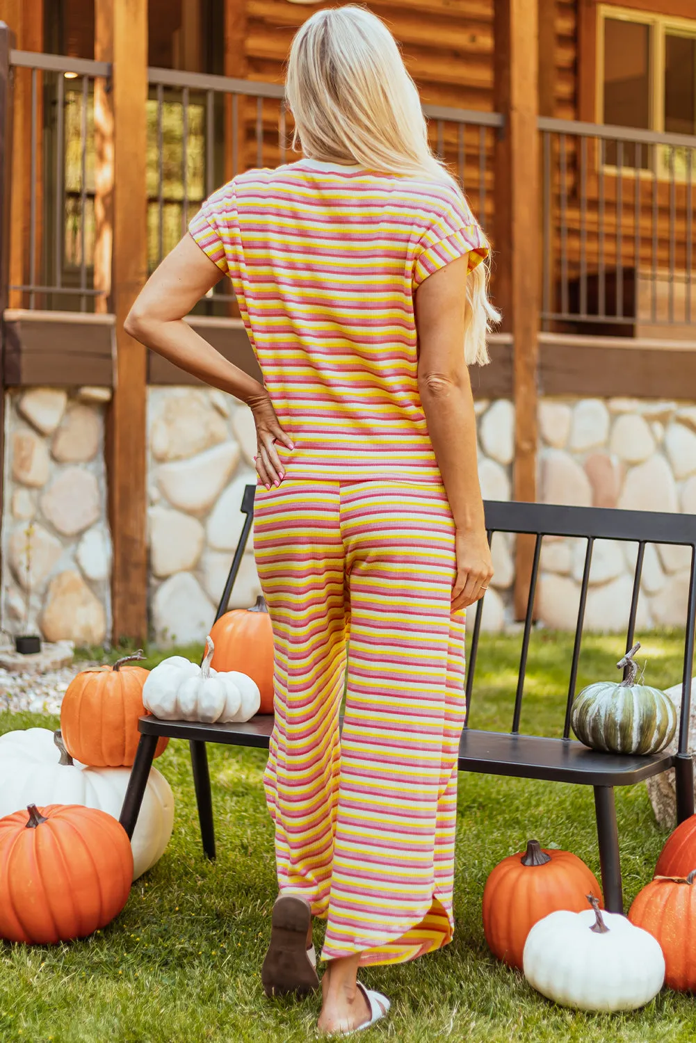Yellow Stripe Rainbow Tee Tasseled String Wide Leg Trousers Set sold by Beagle Boutique product image thumbnail 2
