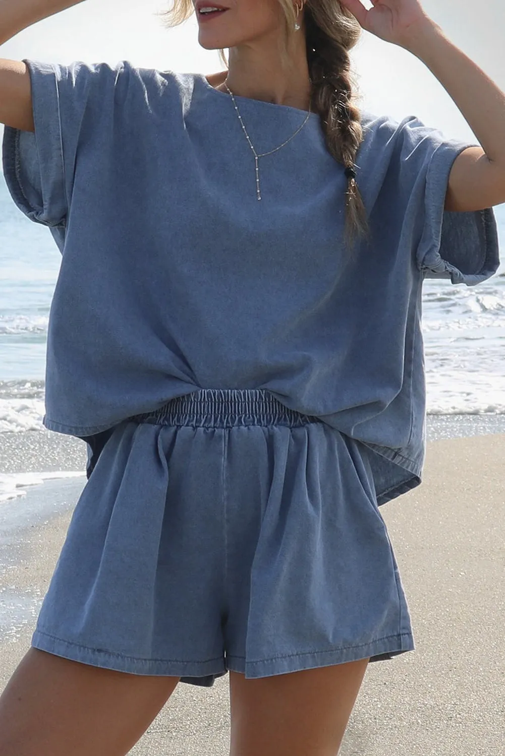 Light Blue Denim Cuffed Sleeve Tee Elastic Shorts Set sold by Beagle Boutique