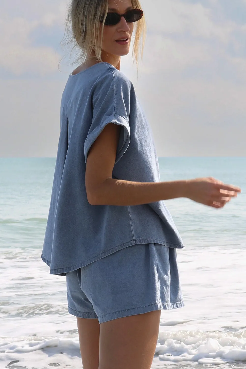 Light Blue Denim Cuffed Sleeve Tee Elastic Shorts Set sold by Beagle Boutique product image thumbnail 2