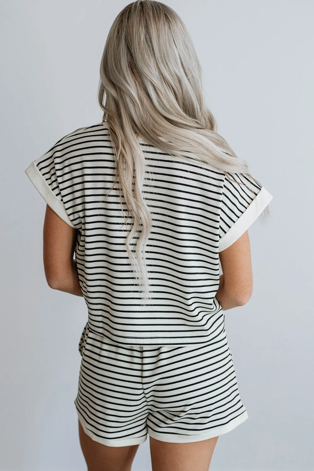 White Stripe Contrast Edge Tee and Shorts Co-ord Set sold by Beagle Boutique product image thumbnail 2