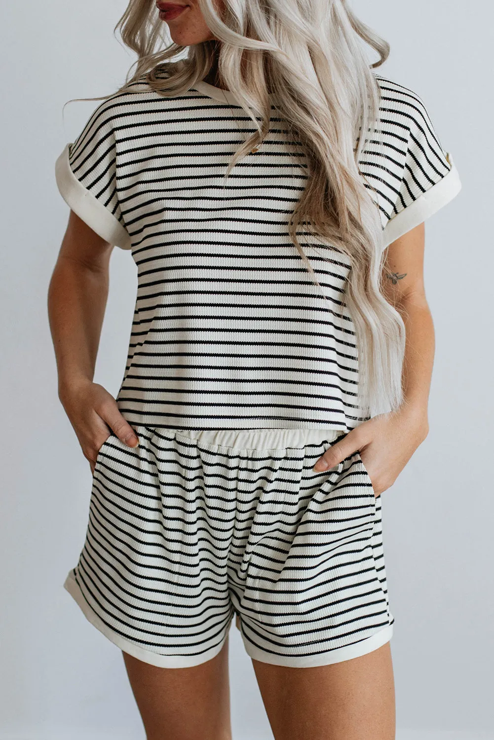 White Stripe Contrast Edge Tee and Shorts Co-ord Set sold by Beagle Boutique