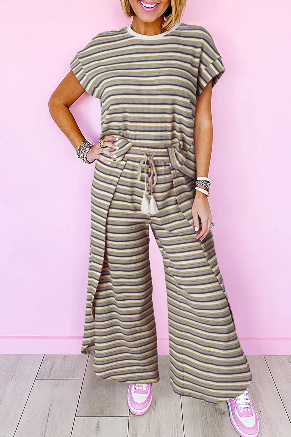 Black Stripe Rainbow Tee Tasseled String Wide Leg Trousers Set sold by Beagle Boutique