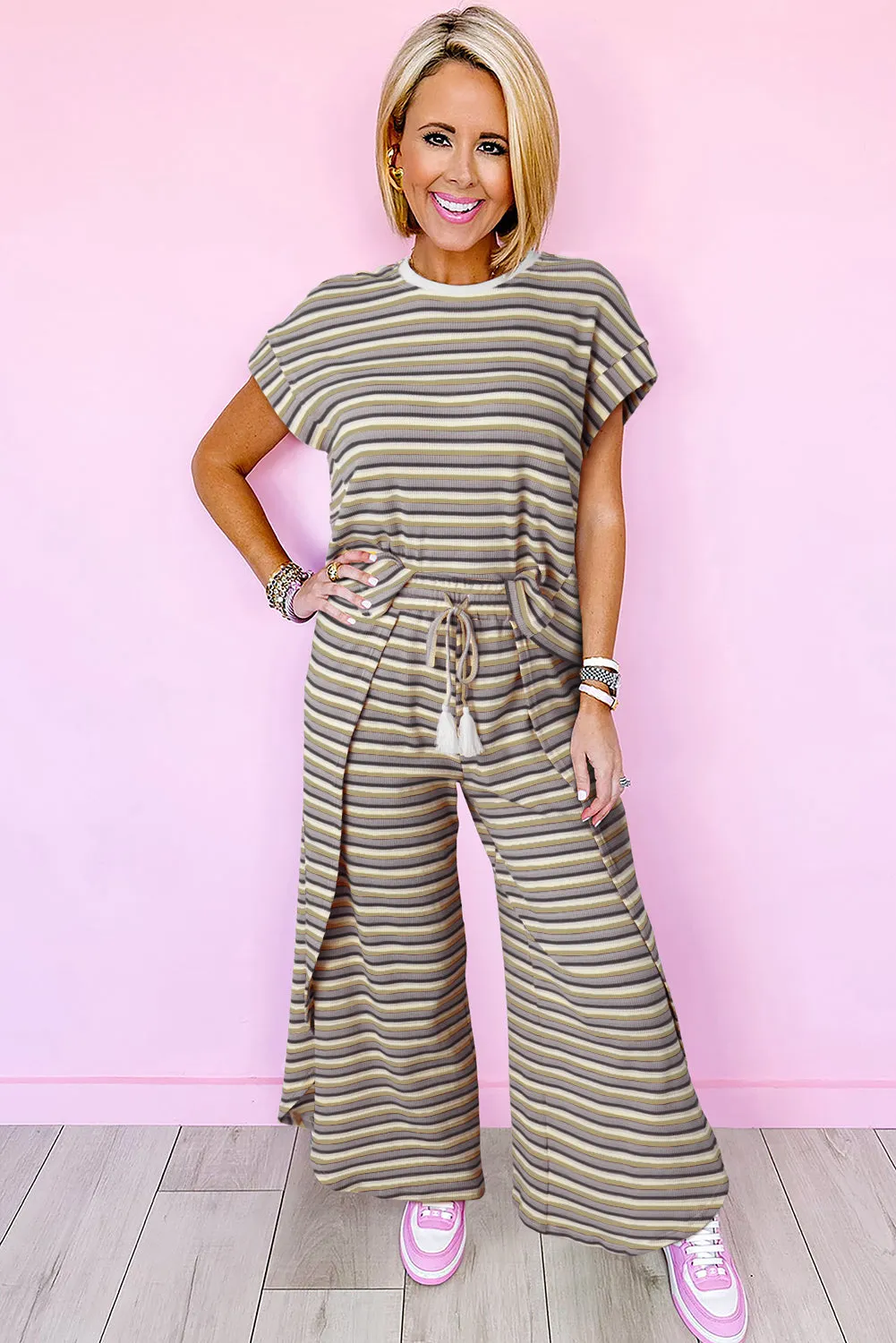 Black Stripe Rainbow Tee Tasseled String Wide Leg Trousers Set sold by Beagle Boutique product image thumbnail 3