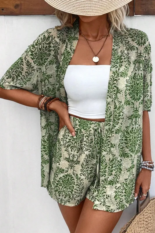 Green Vintage Floral Print Open Top and Shorts Outfit sold by Beagle Boutique