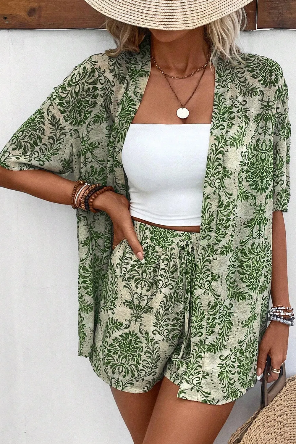 Green Vintage Floral Print Open Top and Shorts Outfit sold by Beagle Boutique