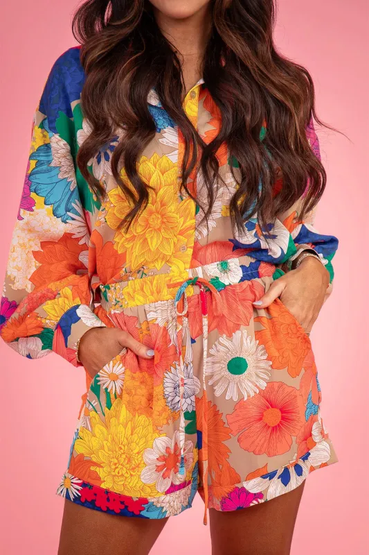 Orange Floral Printed Shirt Two Piece Drawstring Shorts Set sold by Beagle Boutique