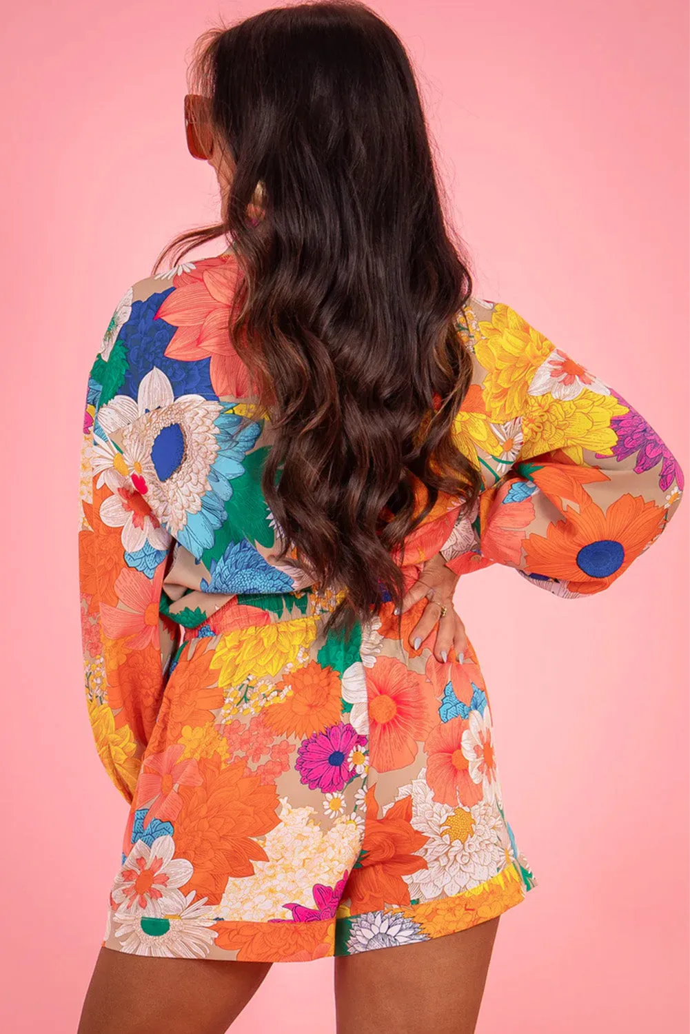 Orange Floral Printed Shirt Two Piece Drawstring Shorts Set sold by Beagle Boutique product image thumbnail 2