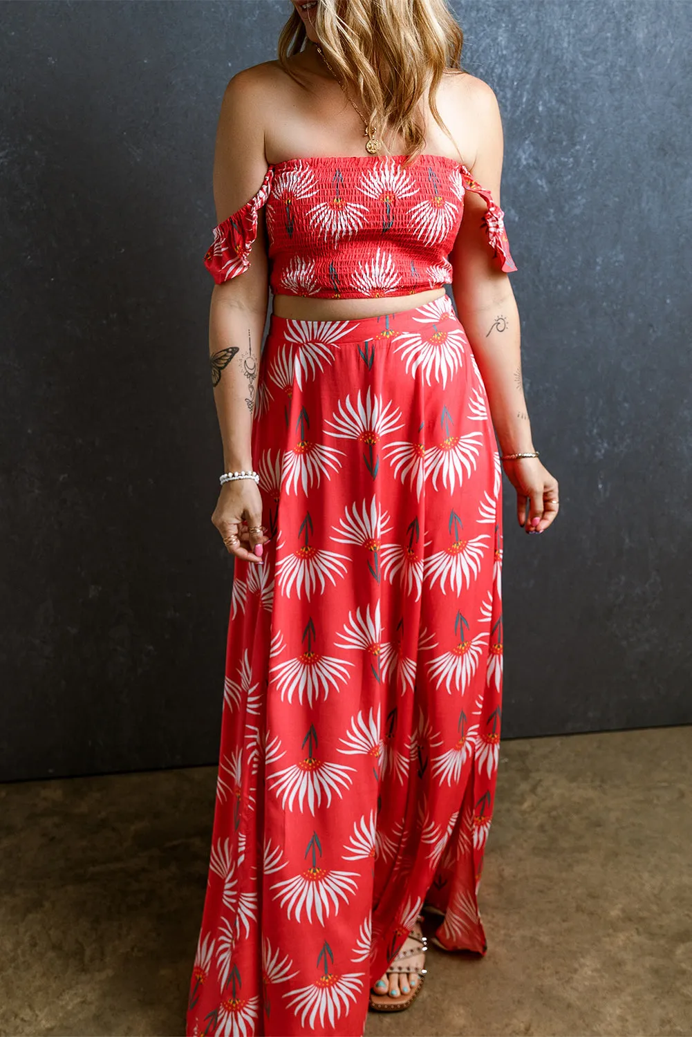 Red Floral Shirred Off Shoulder Crop Top and Slit Maxi Skirt Set sold by Beagle Boutique product image thumbnail 3