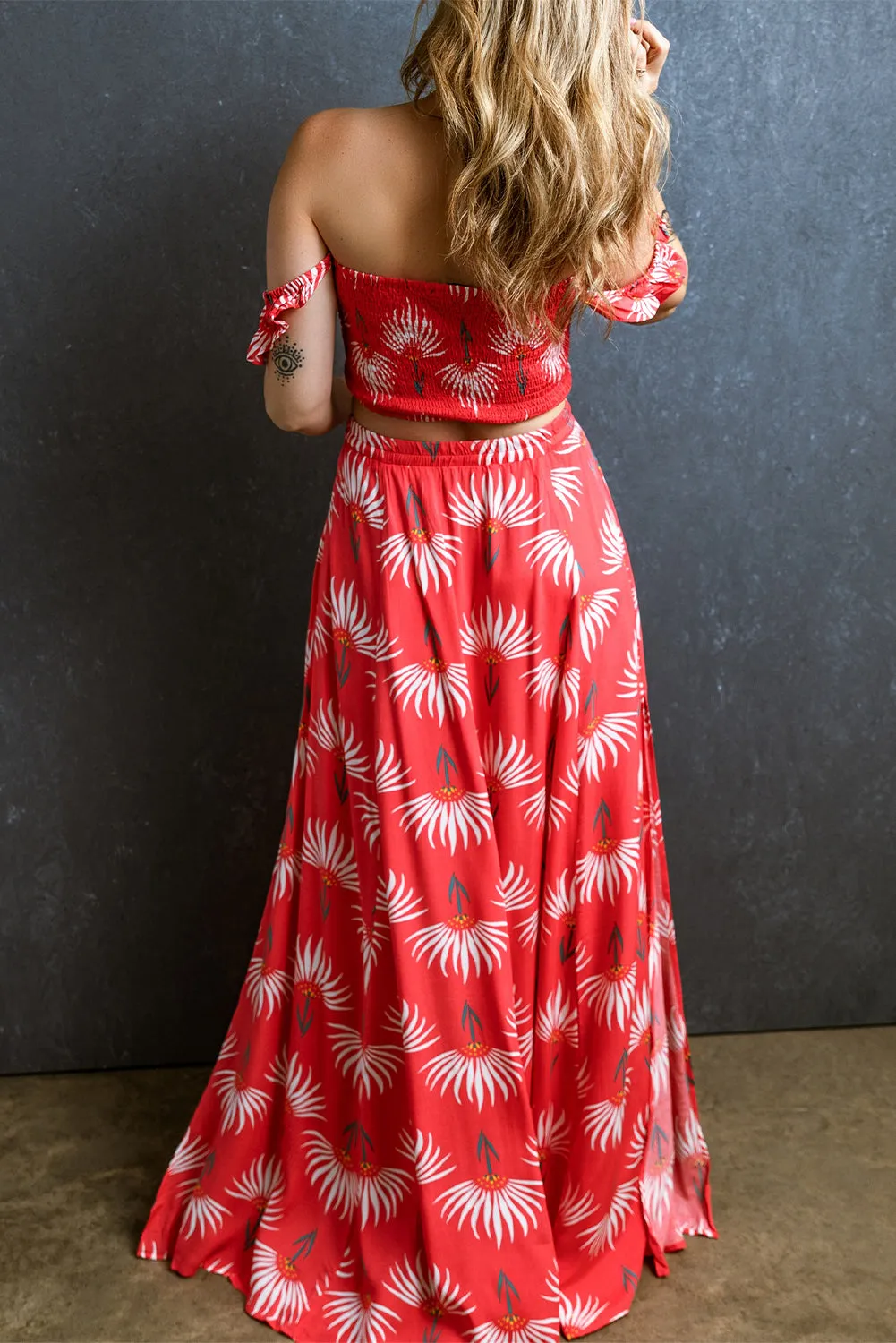 Red Floral Shirred Off Shoulder Crop Top and Slit Maxi Skirt Set sold by Beagle Boutique product image thumbnail 2