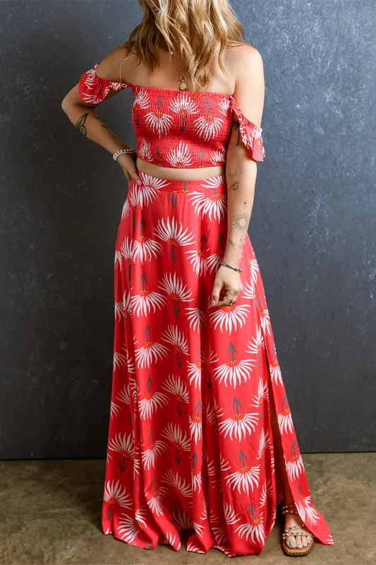 Red Floral Shirred Off Shoulder Crop Top and Slit Maxi Skirt Set made by Beagle Boutique