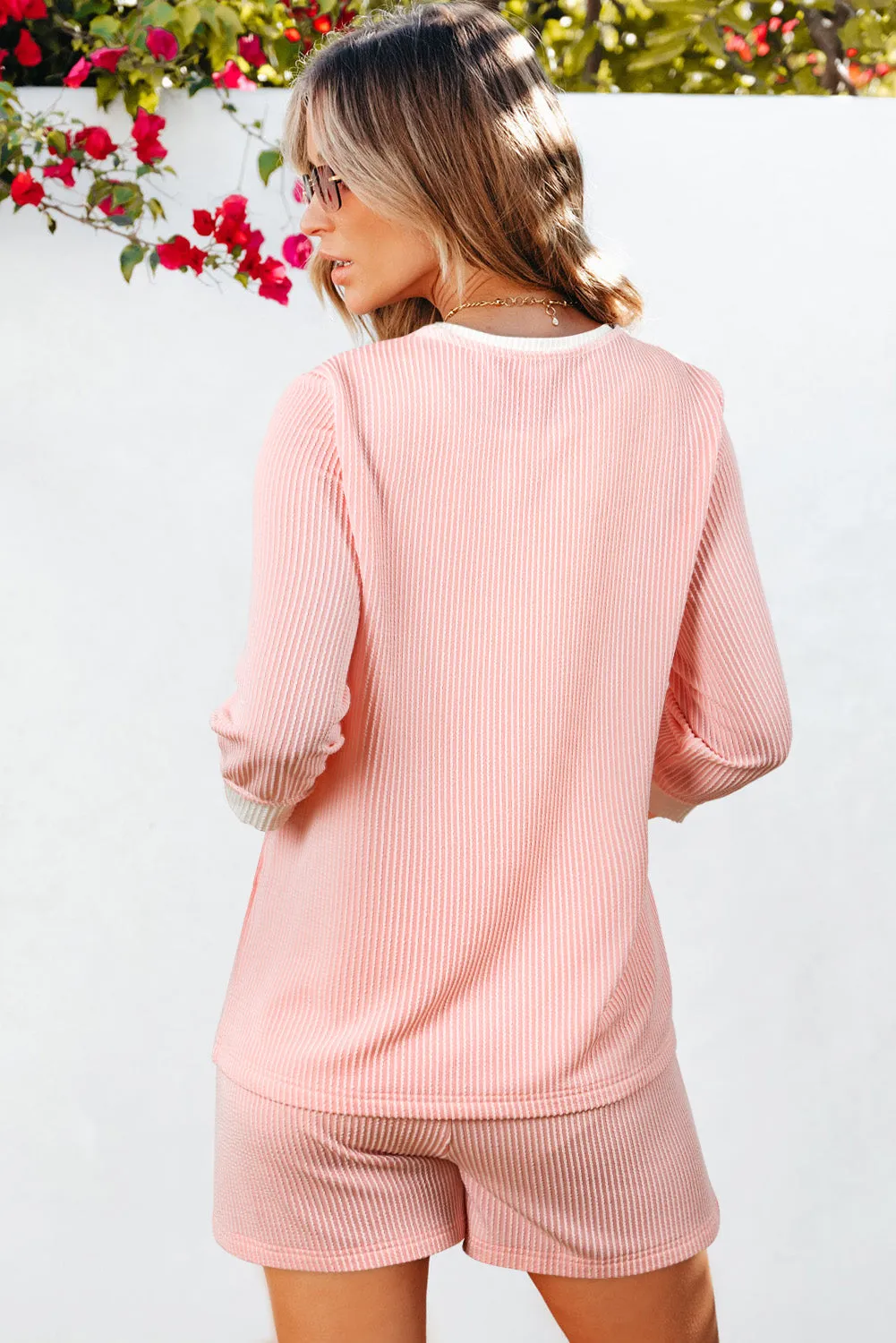 Pink Corded Colorblock Long Sleeve Top and Shorts Set sold by Beagle Boutique product image thumbnail 2