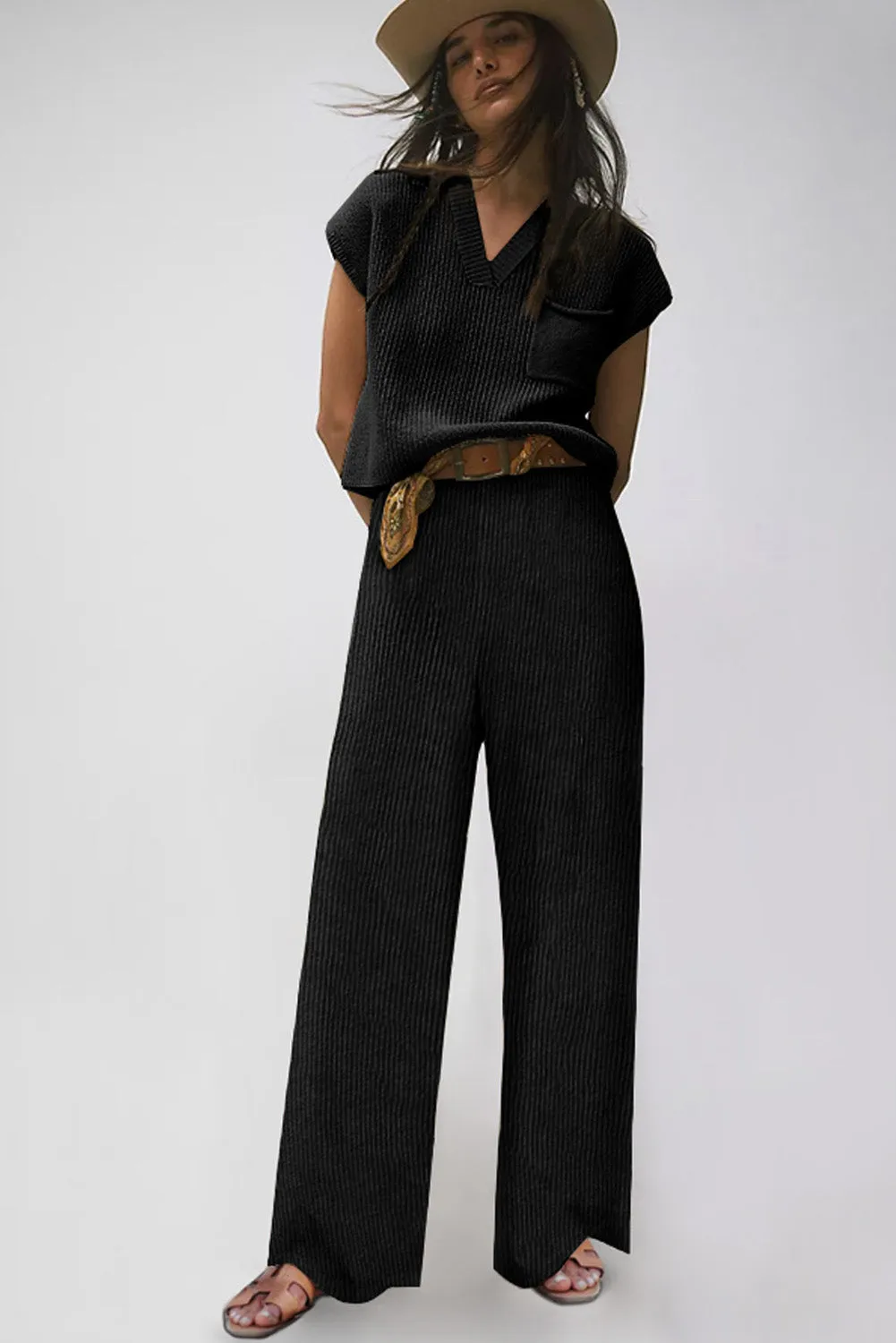 Black Knitted V Neck Sweater and Casual Pants Set sold by Beagle Boutique product image thumbnail 3