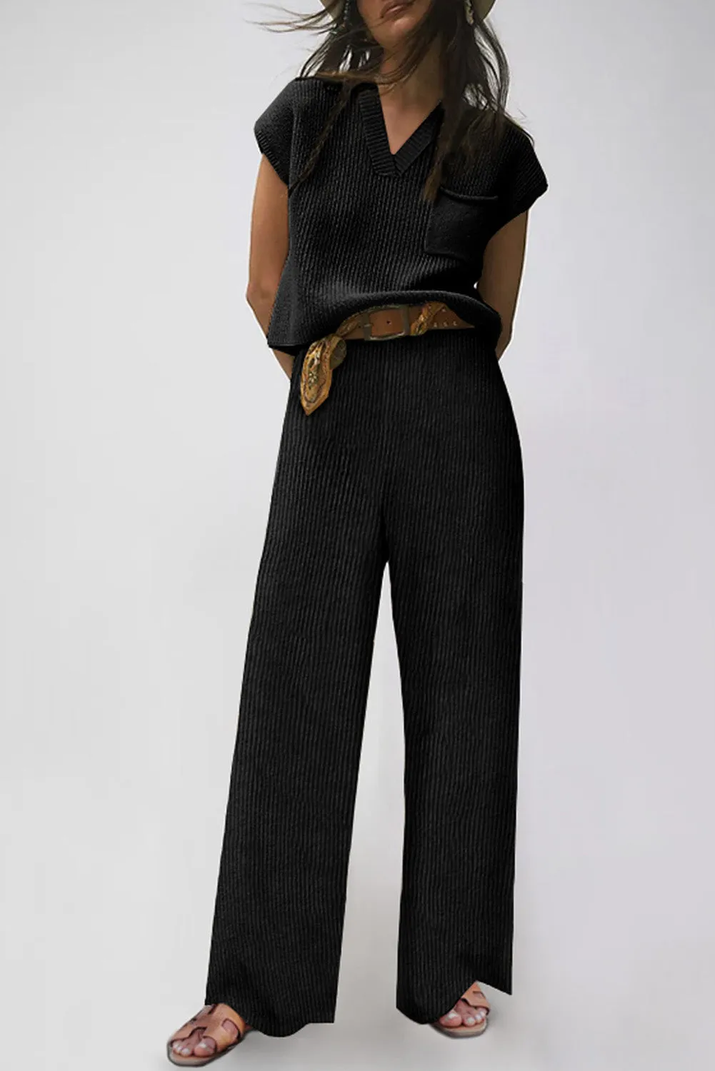 Black Knitted V Neck Sweater and Casual Pants Set sold by Beagle Boutique