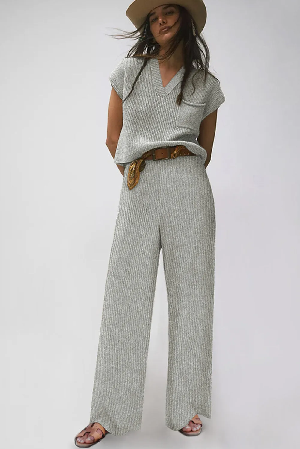 Gray Knitted V Neck Sweater and Casual Pants Set sold by Beagle Boutique product image thumbnail 3