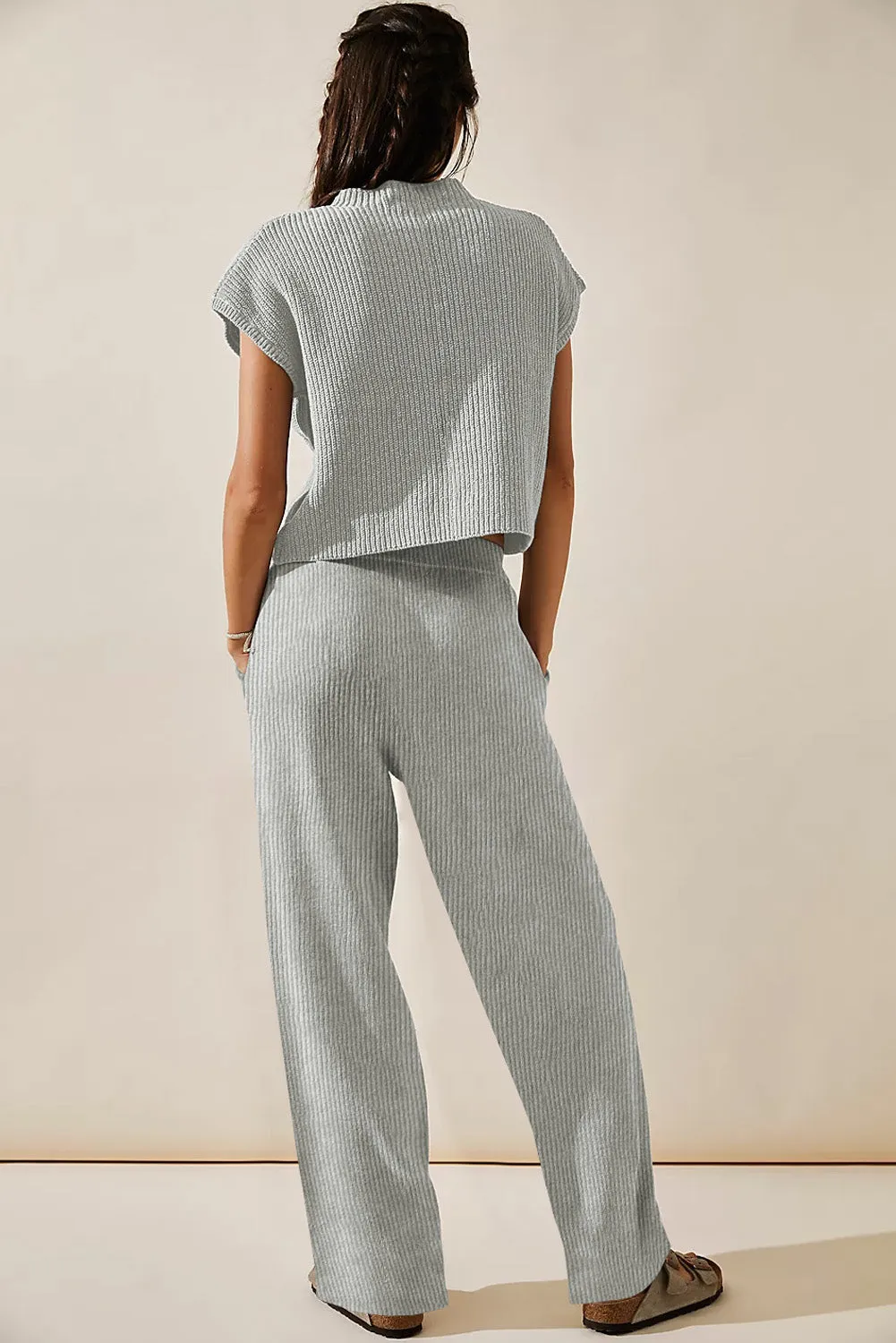 Gray Knitted V Neck Sweater and Casual Pants Set sold by Beagle Boutique product image thumbnail 2
