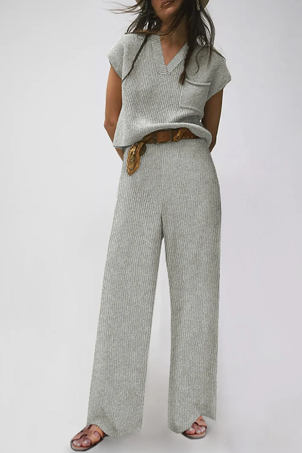 Gray Knitted V Neck Sweater and Casual Pants Set sold by Beagle Boutique