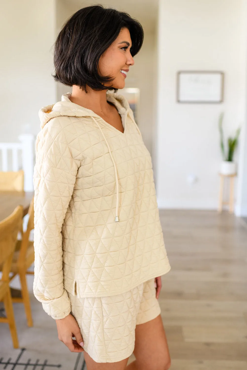 Beige Quilted V Neck Hoodie Drawstring Shorts Set sold by Beagle Boutique product image thumbnail 3
