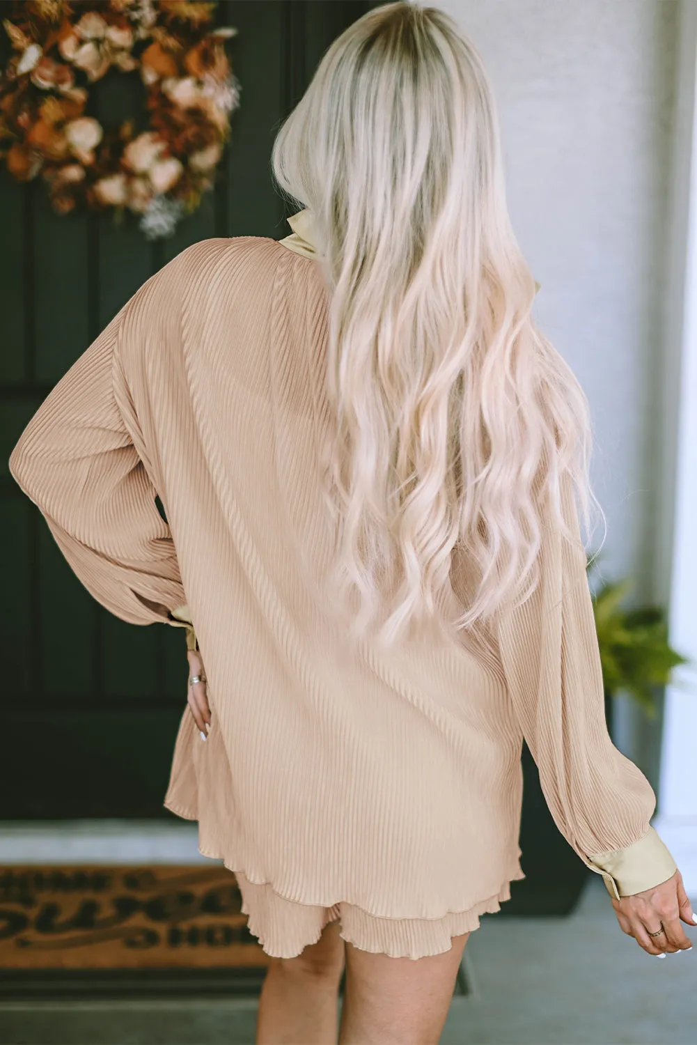 Apricot Pleated Long Sleeve Shirt and Shorts Lounge Set sold by Beagle Boutique product image thumbnail 2