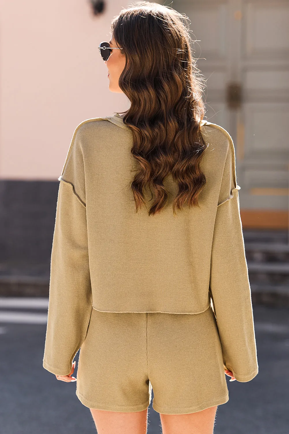 Khaki Exposed Seam Textured Long Sleeve Top Shorts Set sold by Beagle Boutique product image thumbnail 2