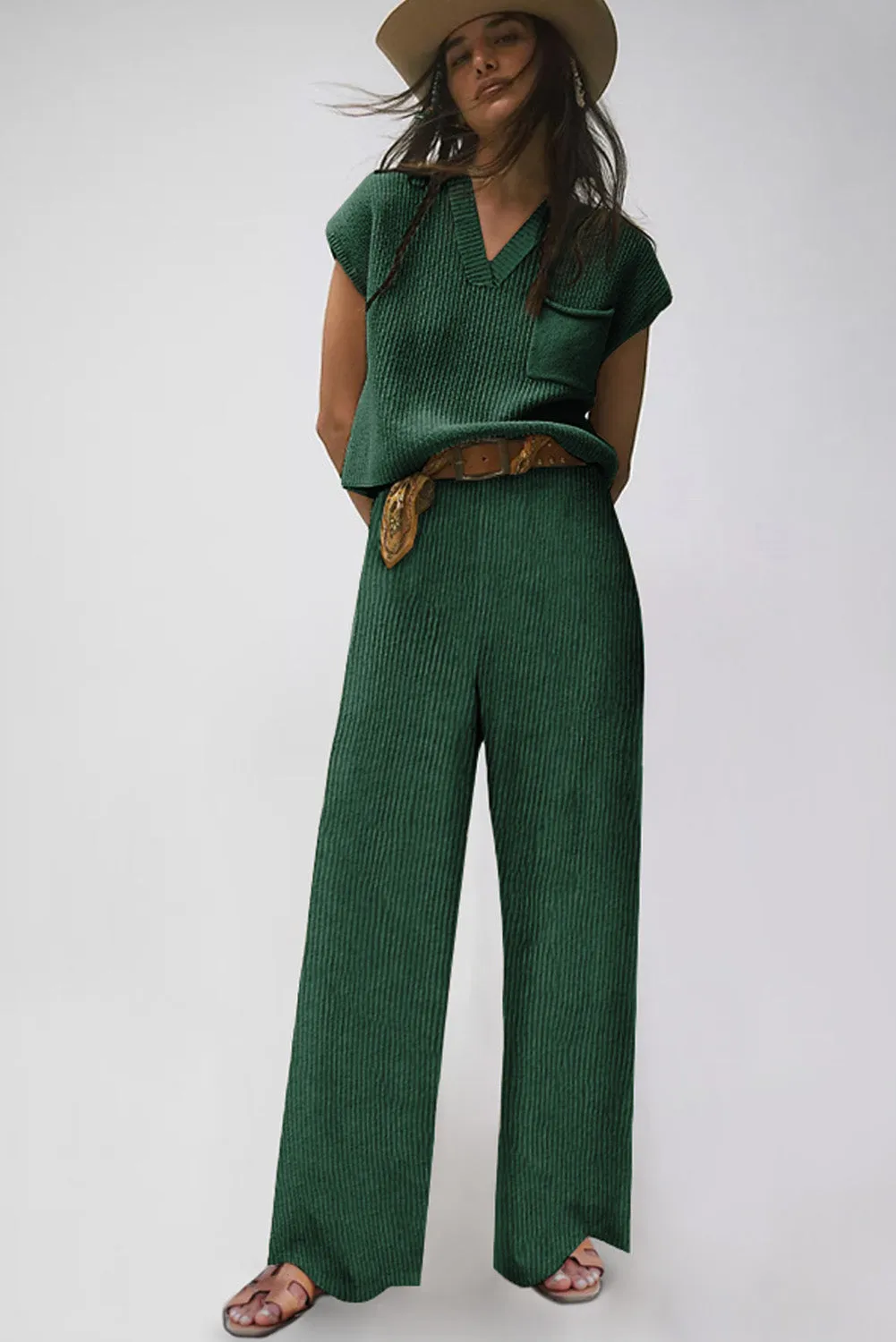 Green Knitted V Neck Sweater and Casual Trousers Set sold by Beagle Boutique product image thumbnail 3