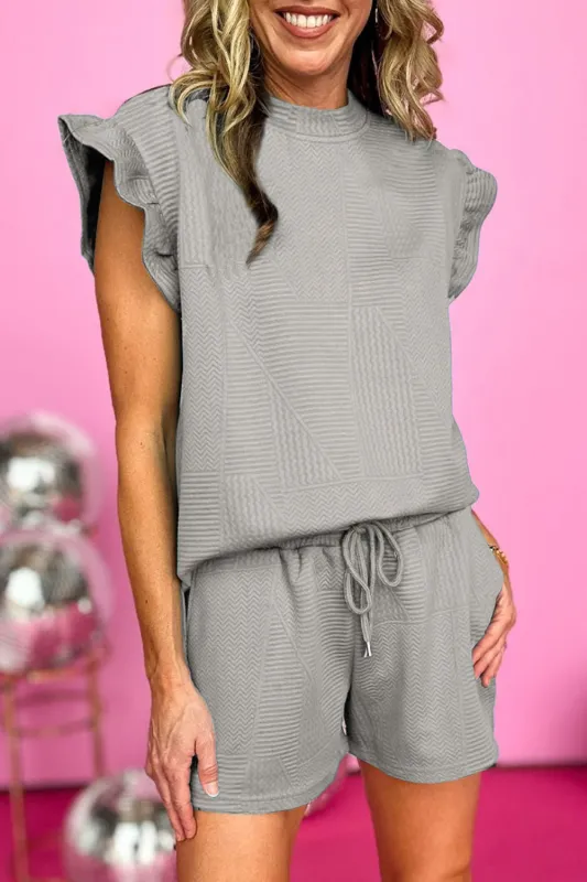 Gray Textured Ruffle Split Top and Drawstring Shorts sold by Beagle Boutique