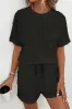 Black Frill Textured Short Sleeve Top and Drawstring Shorts Set sold by Beagle Boutique