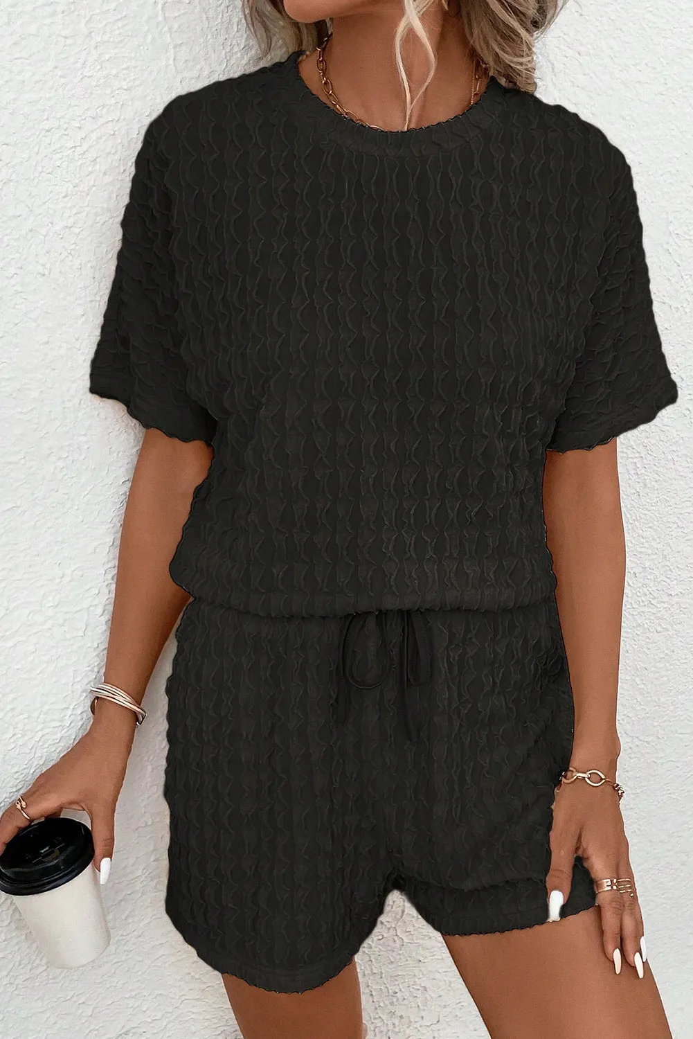 Black Frill Textured Short Sleeve Top and Drawstring Shorts Set sold by Beagle Boutique