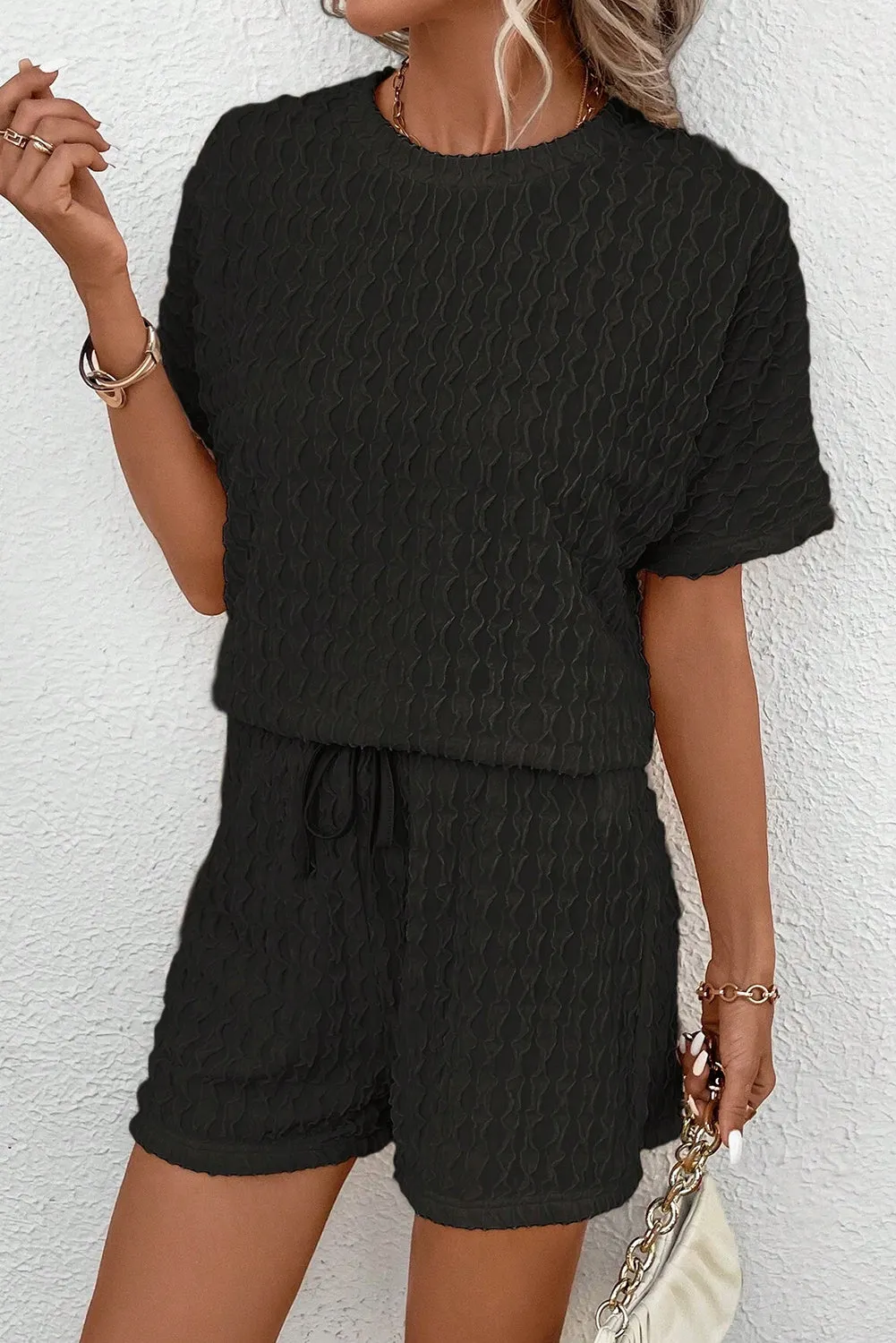 Black Frill Textured Short Sleeve Top and Drawstring Shorts Set sold by Beagle Boutique product image thumbnail 3