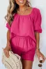 Bright Pink Crinkled Textured Square Neck Puff Sleeve and Shorts Set sold by Beagle Boutique