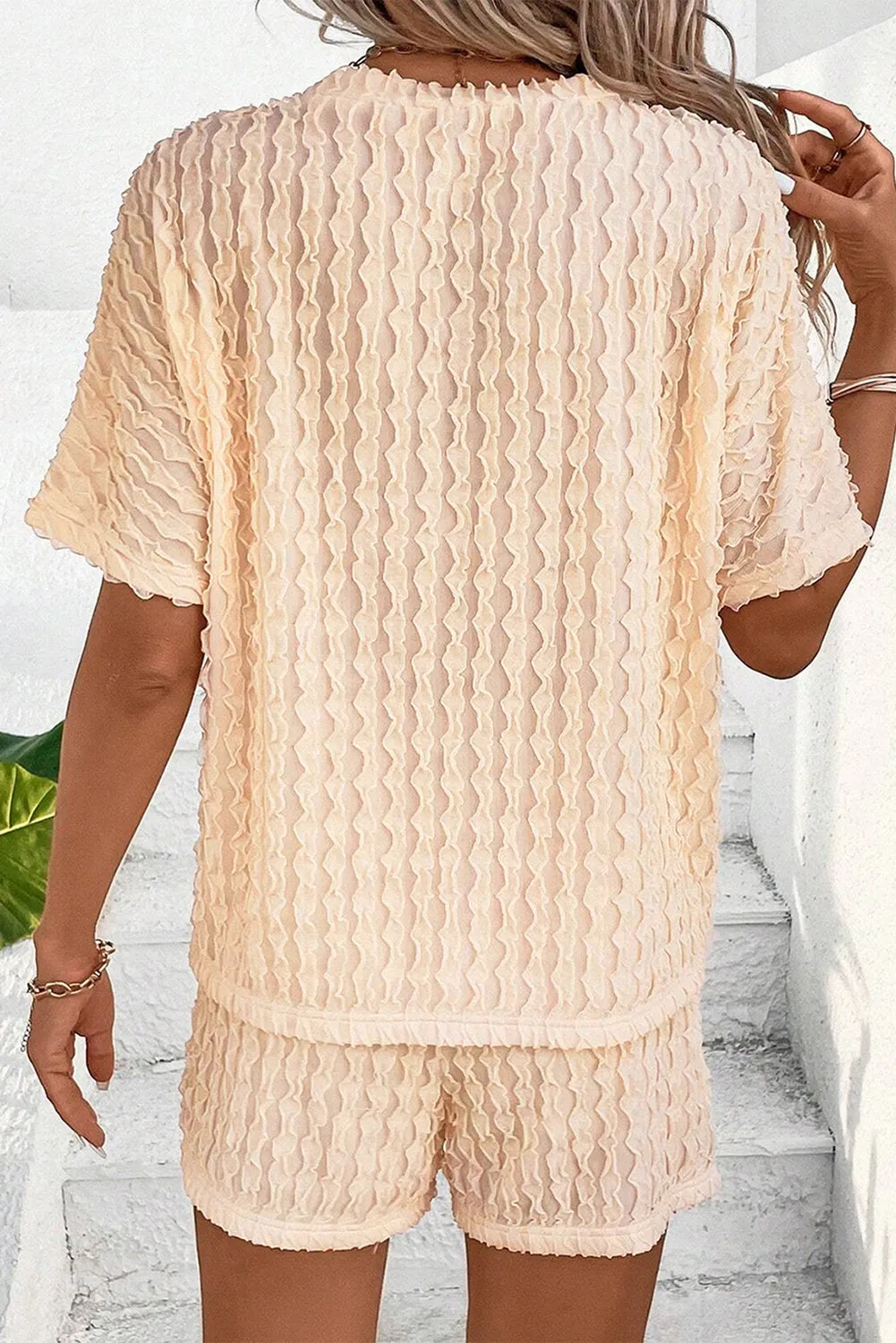 Beige Frill Textured Short Sleeve Top and Drawstring Shorts Set sold by Beagle Boutique product image thumbnail 2