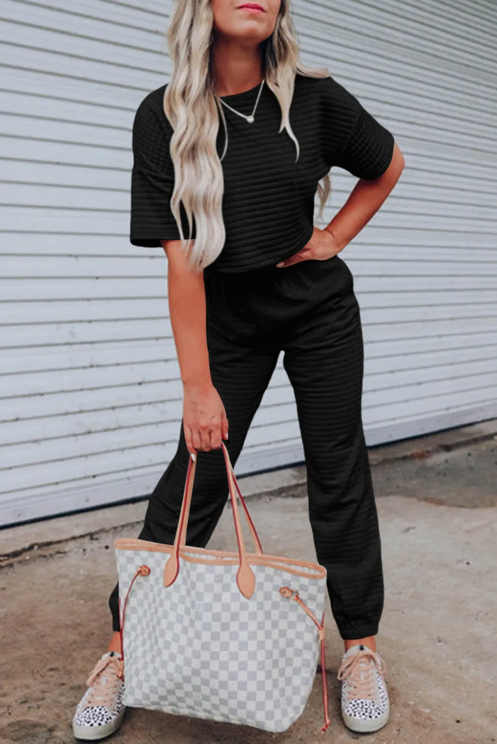 Black Lattice Textured Cropped Tee and Jogger Pants Set sold by Beagle Boutique