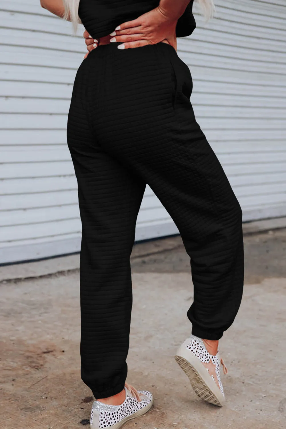 Black Lattice Textured Cropped Tee and Jogger Pants Set sold by Beagle Boutique product image thumbnail 3